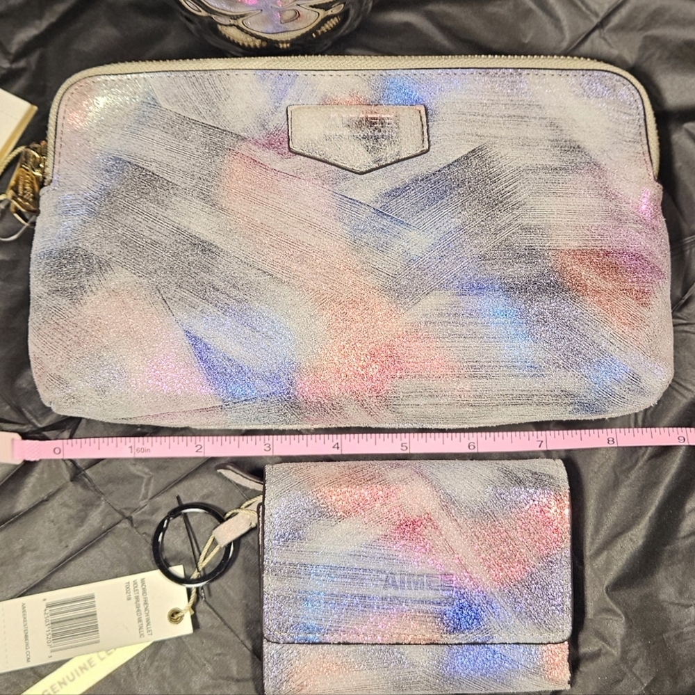 NWT Genuine Leather Wallet By Aimee K! Pastels In A  Metallic Brush - Picture 5 of 7
